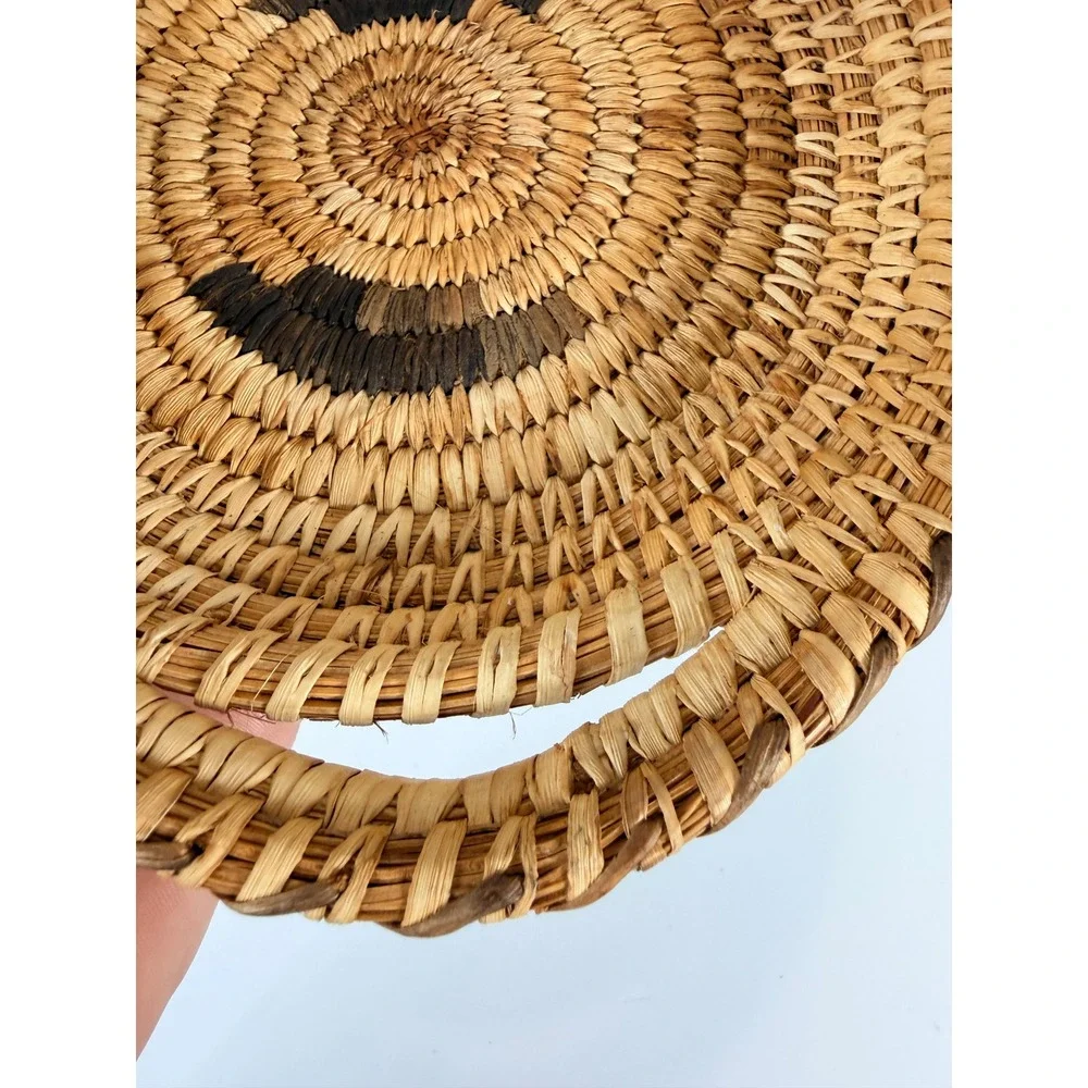 Small Woven Basket Trinket Dish with Handles Natural Raffia Black Vintage papago